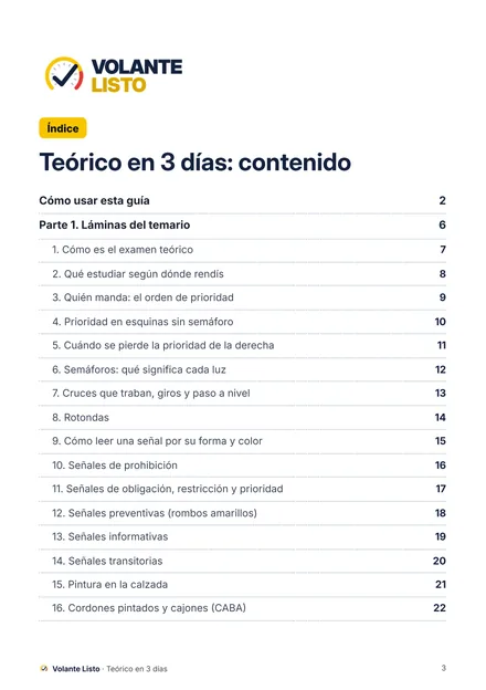 Índice de la guía con el número de página de cada lámina